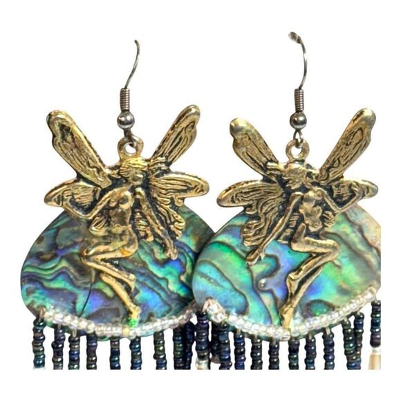 Fairy Abalone & Beaded Dangle Earrings Chandelier Gold Accents 5" Hook Fantasy - Picture 4 of 10
